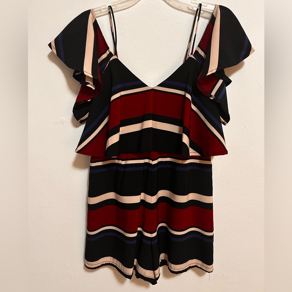 L'ATISTE Black, Beige and Wine Striped Off-Shoulder Romper